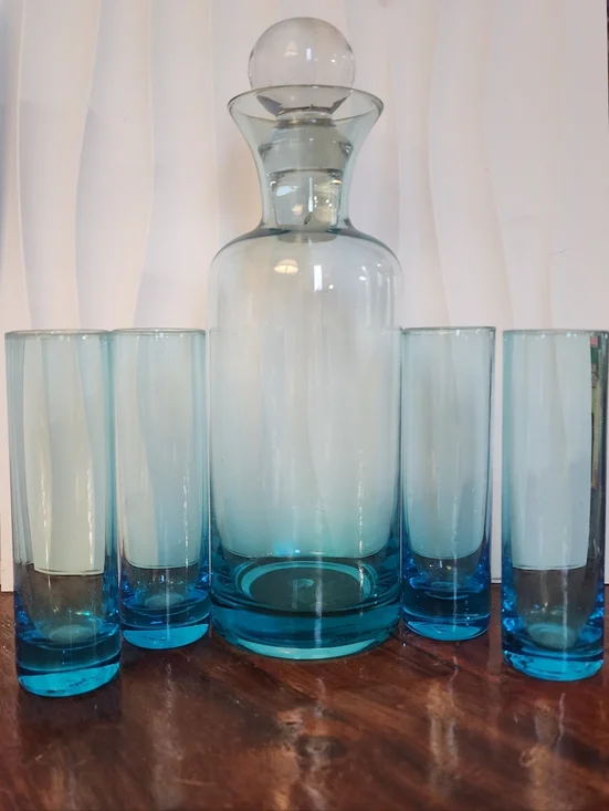 Turquoise Glass Decanter Set with Stopper and Shot Glasses - Picture 1 of 5